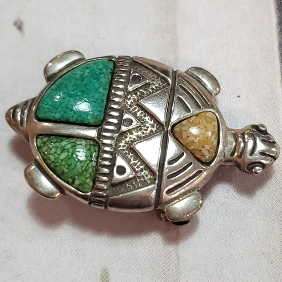 Turquoise and Coral Sterling Silver Turtle Pendant Brooch - Picture 10 of 10